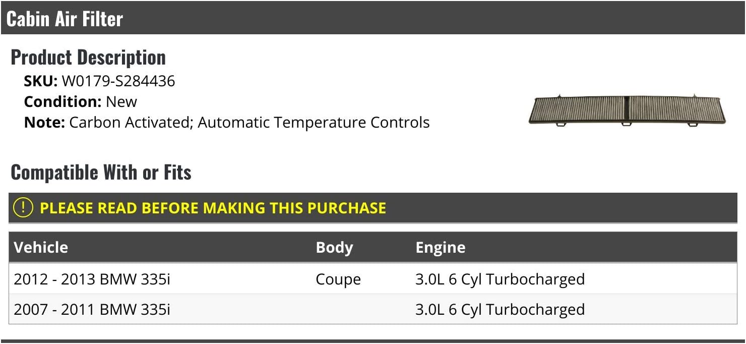 Cabin Air Filter - Carbon - Compatible with 2007-2013 BMW 335i Coupe 3.0L 6-Cylinder Turbo (with Automatic Temperature Controls)