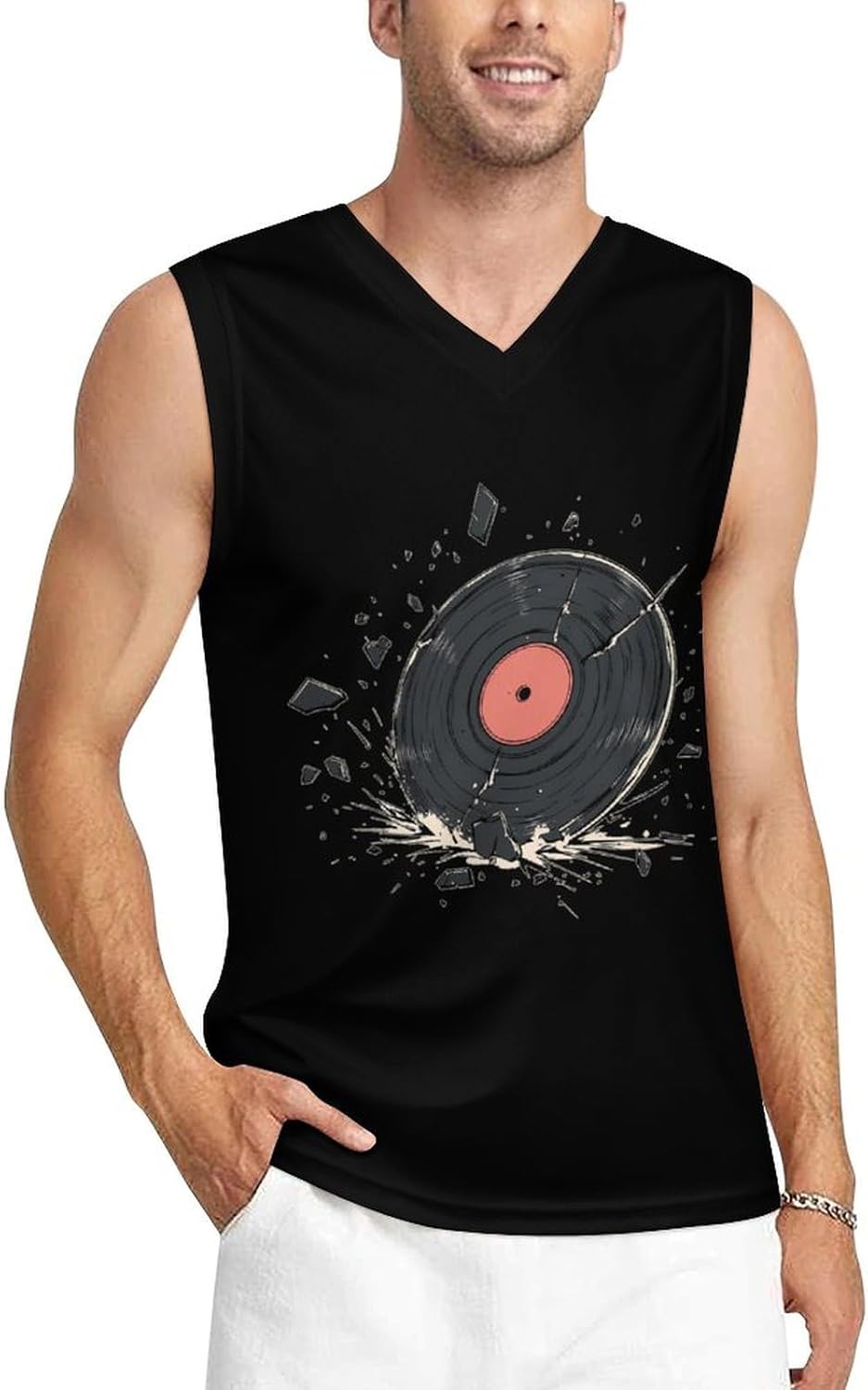 Broken Vinyl Record Men's V-Neck Basketball Tank Top Sleeveless Workout Tank Shirts Gym Fitness Tees Vest
