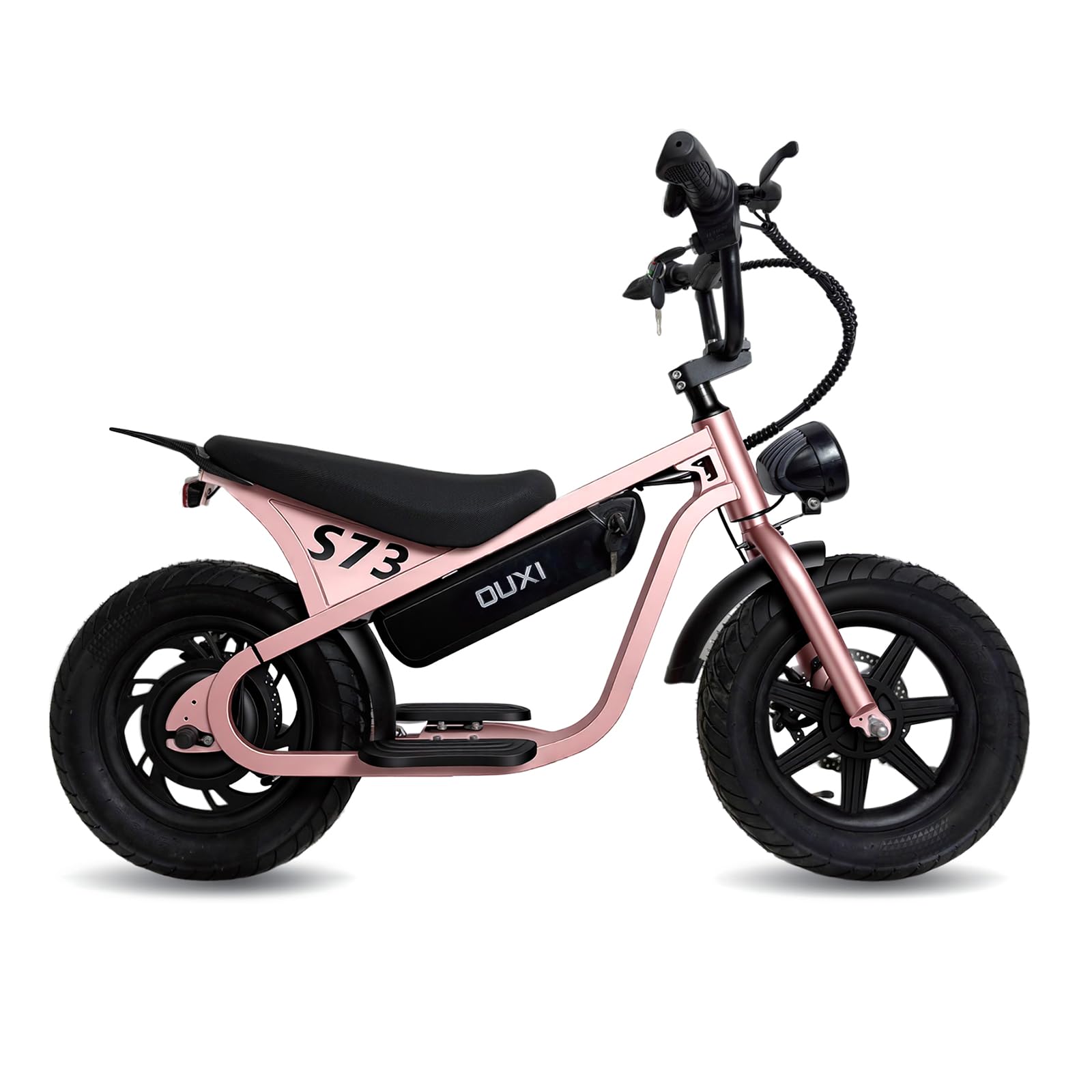 OUXI S73 Kindermotorrad Elektro, 14 Zoll Fat Tire Laufrad für Kinder & Jugendliche, 10.4Ah Akku bis 30km, 3 Geschwindigkeitsstufen, Mechanische Scheibenbremsen, LED-Licht vorne & hinten (Rosegold)
