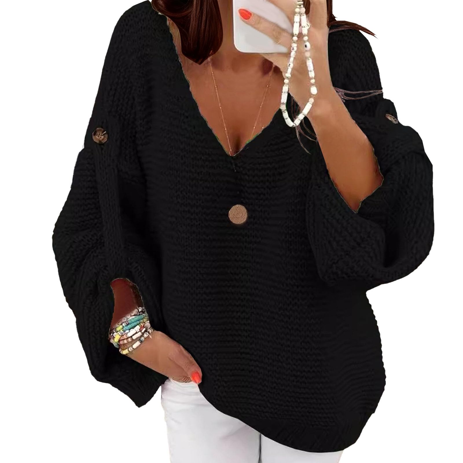 Womens Oversized Chunky Knit Sweaters Long Sleeve Adjustable V Neck Dressy Casual Loose Pullover Winter Clothing