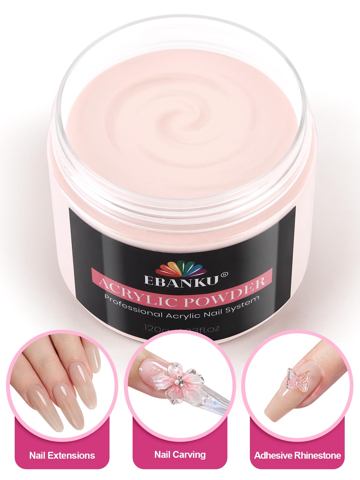 EBANKU Polvere acrilica per unghie rosa nude, 120 g, polvere acrilica professionale per extension per unghie, 3D Art Carving French manicure, forte adesione, facile da modellare a lunga durata, non
