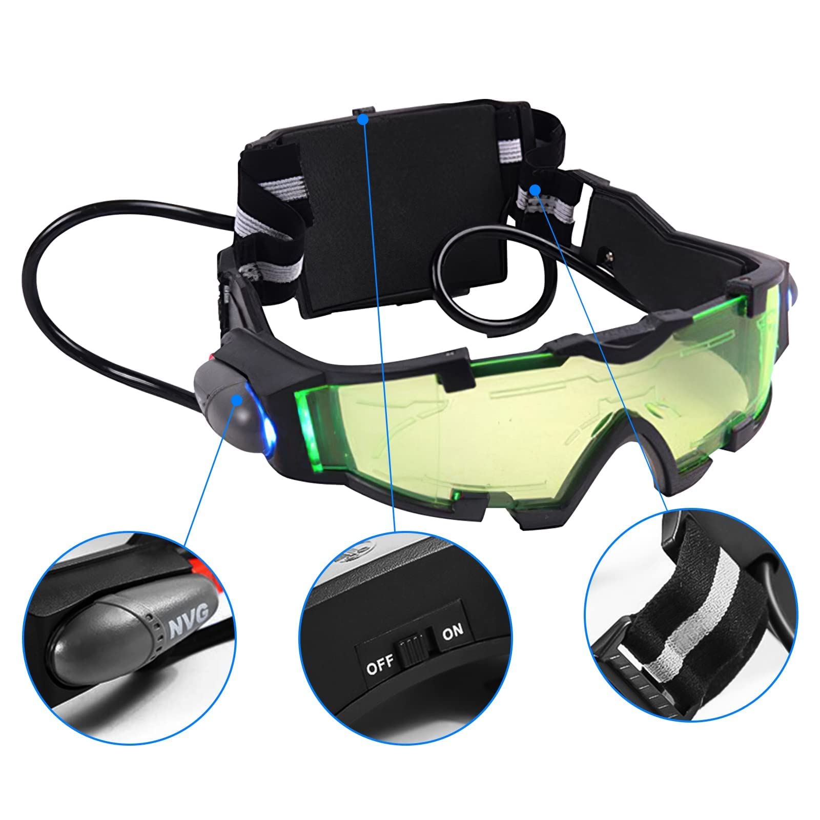 Wovatech Lunettes de Vision Nocturne | Lunettes de Protection à lentille Verte Nocturne à Del pour Enfants réglables avec lumières rabattables