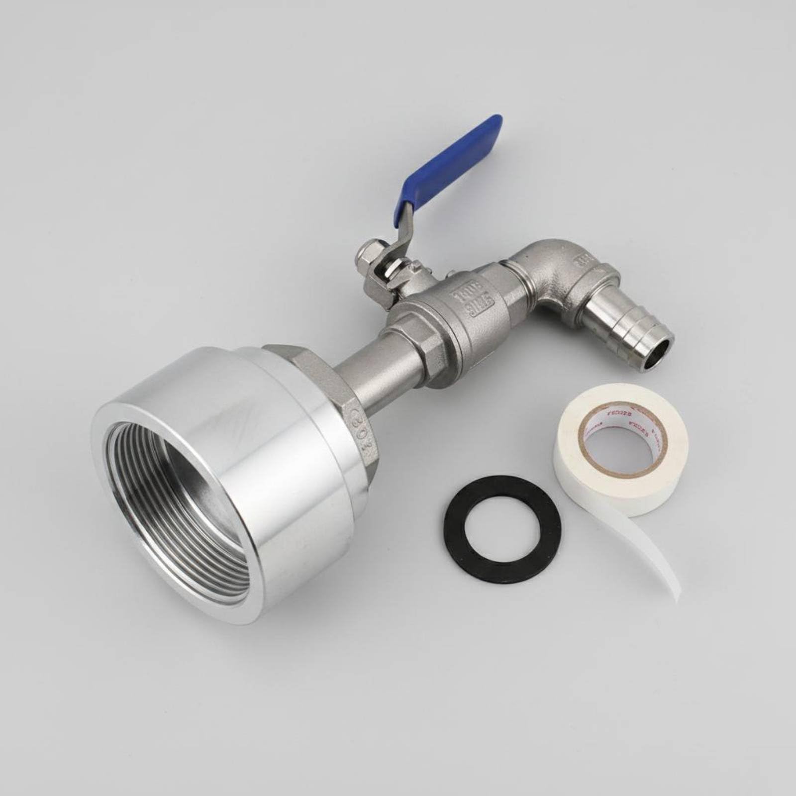 perfk Válvula Adaptadora de Aluminio Válvula de Tanque Adaptador de Contenedor con Rosca Estándar Acero Inoxidable y PVC Opcionales Adecuada para, 48MM, Acero Inox 45°