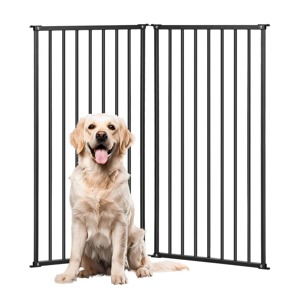 Photo 1 of 2 Panels Metal Freestanding Dog Gates with Door,40''W Detachable Foldable Dog Fence Indoor Outdoor Puppy Gate, 32''H Free Standing Tall Pet Gate for Doorways,House,Stairs,Porch,Deck,Yard