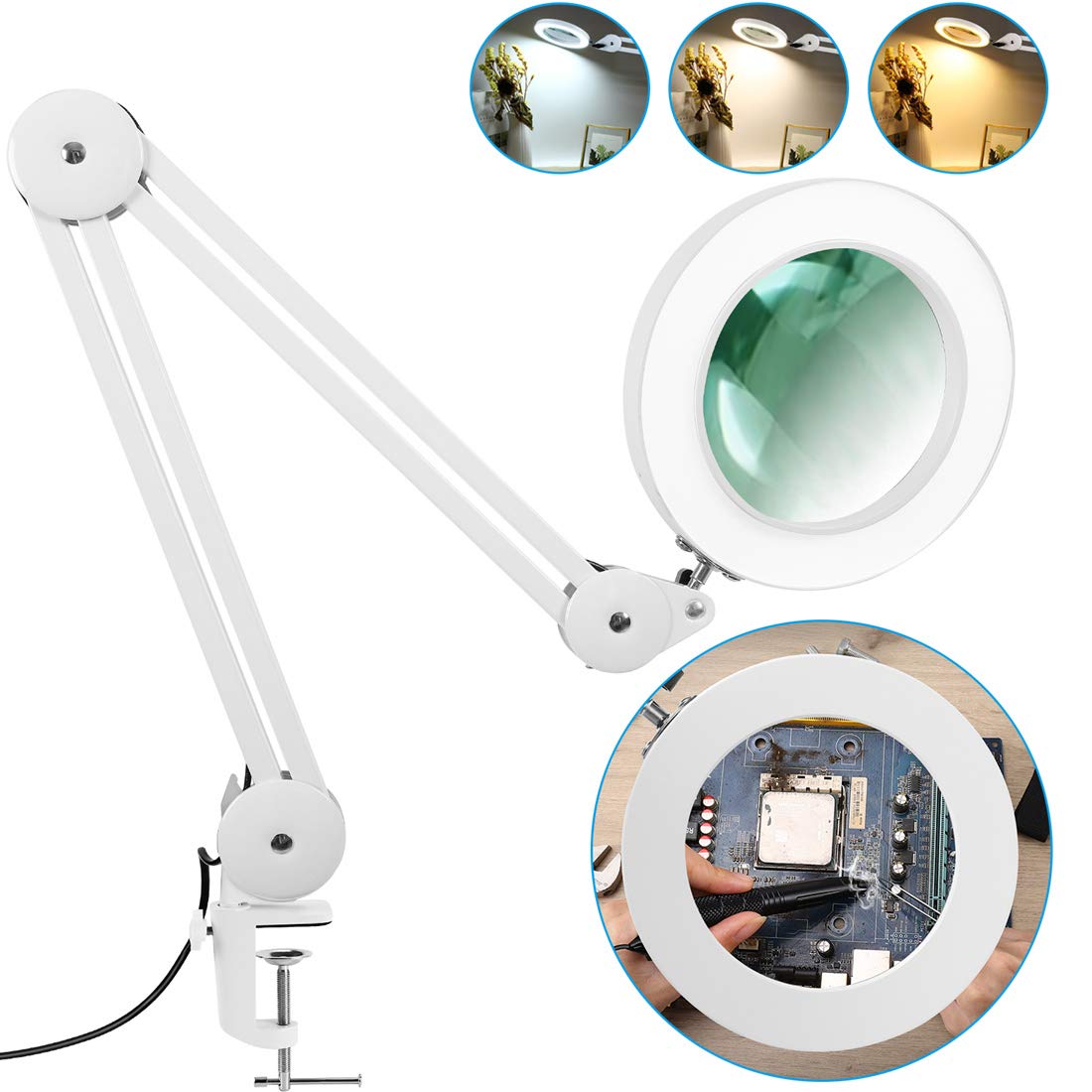 Buy Veemagni 5X Magnifying Glass Desk Lamp with Clamp, 3 Color Modes