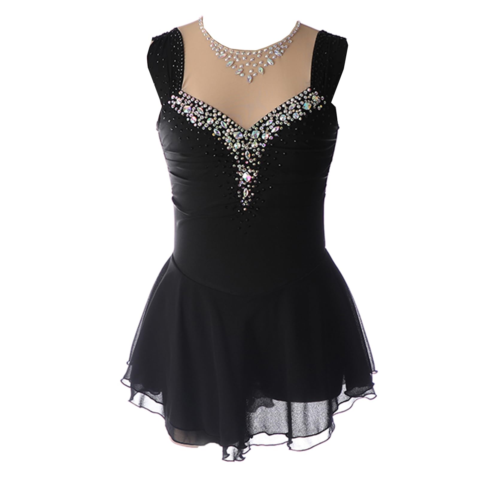 Damen Professionelle Eiskunstlauf Wettbewerb Kleider Weiß Ärmellos Strass Dame Gymnastik Activewear Wettbewerb Training Athletic Weiblich,Schwarz,L
