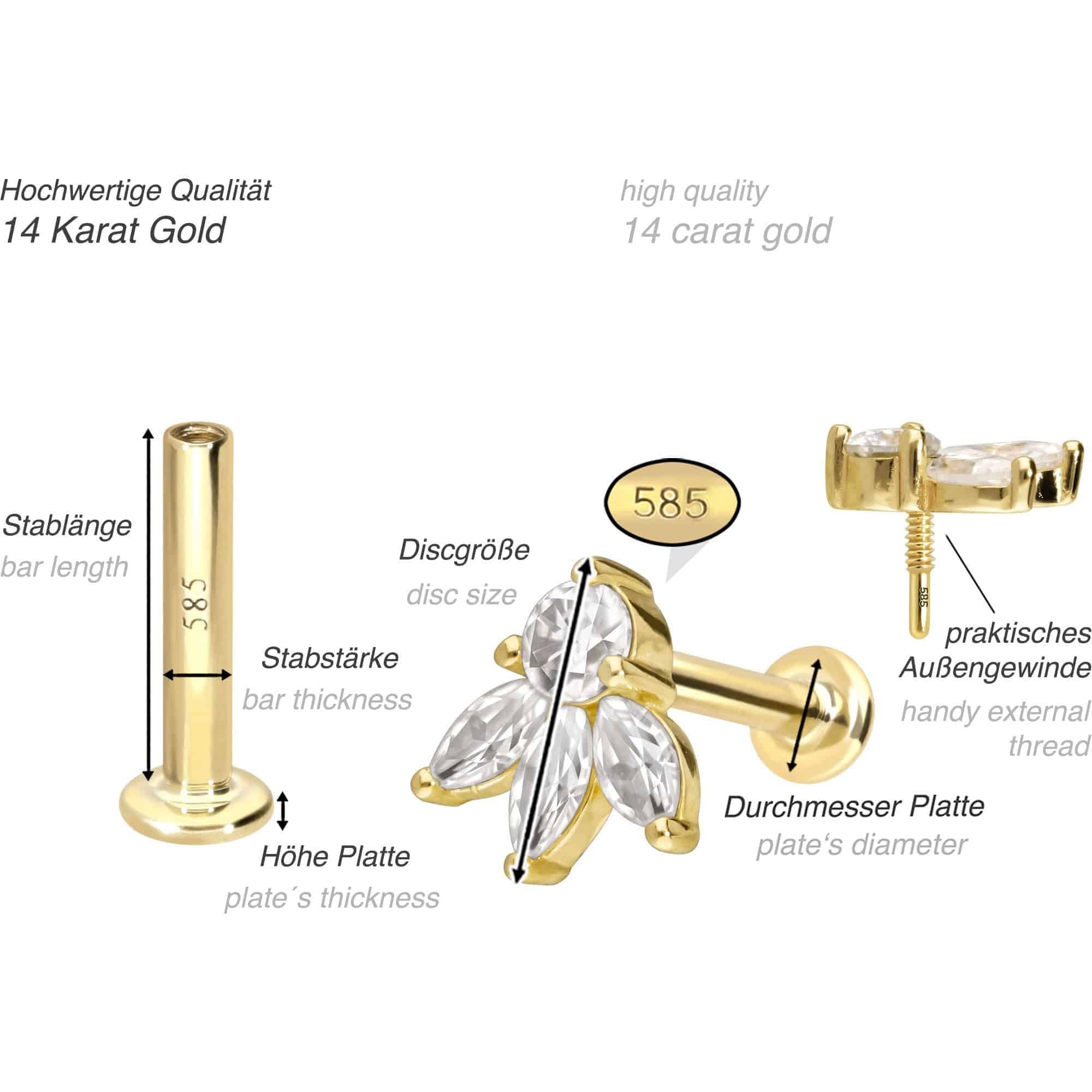 PIERCINGLINE Piercing Stecker 14 Gold Labret mit Innengewinde MOISSANIT-LOTUSBLÜTE 585er Gold - Roségoldfarben, Goldfarben, Silberfarben