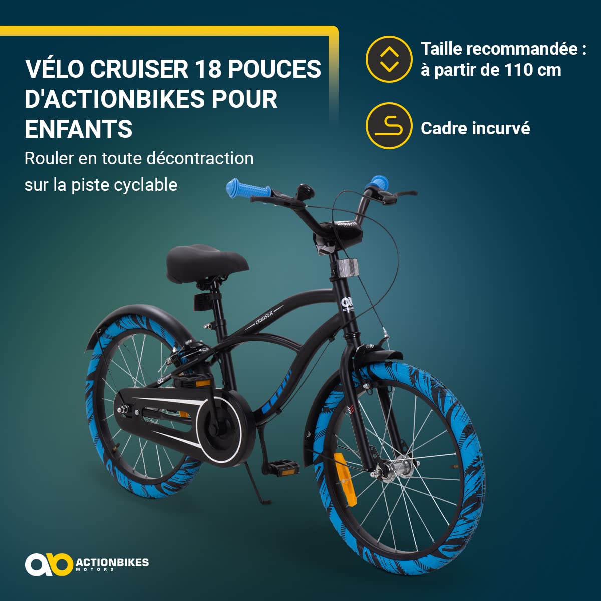 Actionbikes Vélo Enfant Cruiser - 18 Pouces - Frein Caliper - Roue Libre - Garde-chaîne - Support vélo - Pneus gonflables - Vélo Enfant - VTT - De 5 à 8 Ans