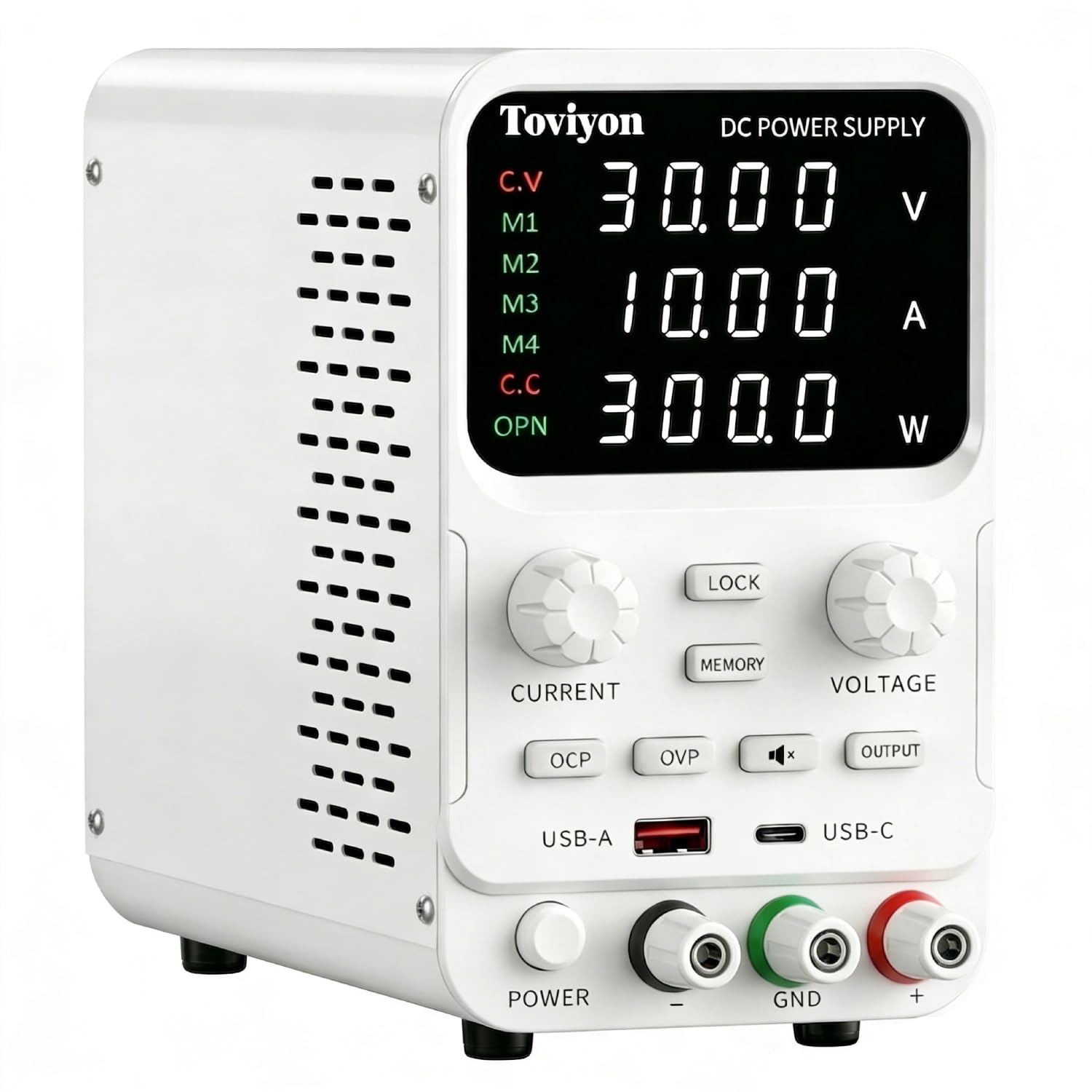 Adjustable DC Bench Power Supply 0-30V 0-10A Switching Regulated Power Supply with Encoder Adjustment Knob Output Switch USB Fast Charging Port High Precision 4 Digit Display for Lab Repair (White)