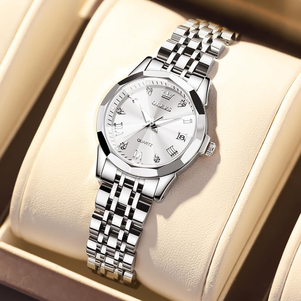 OLEVS Damen Uhr Quarzuhr mit Diamant Edelstahlarmband Wasserdicht Datumsanzeige Elegante Damenuhr für Frauen Geschenke zum Muttertag