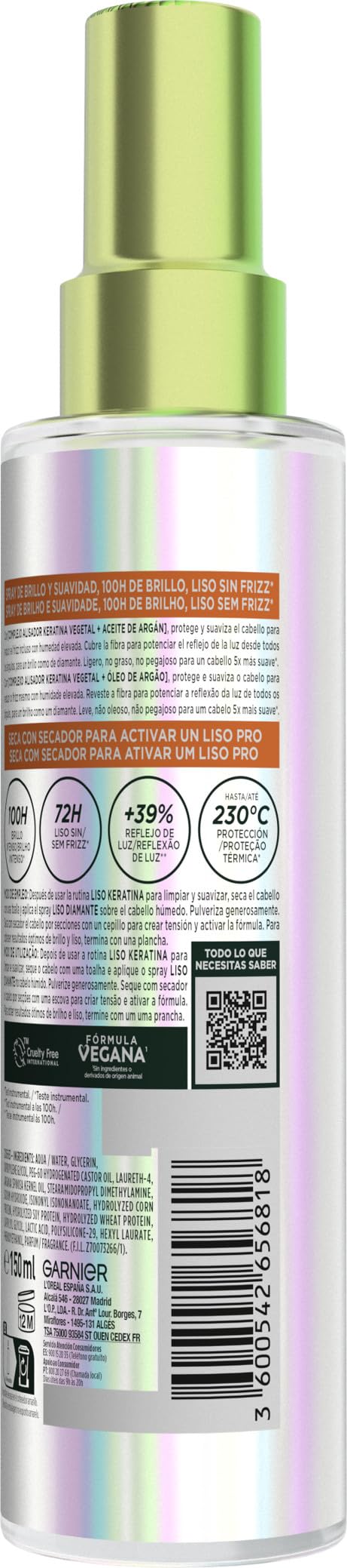2 x Garnier Fructis Liso Diamante Spray de Brillo y Suavidad, 100H de Brillo Intenso*, Liso sin Frizz. Con complejo alisador de keratina vegetal y aceite de argán. Aprobado por Cruelty 150ml