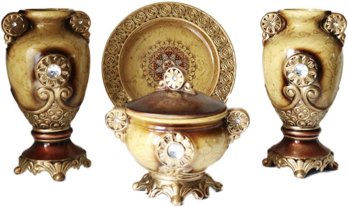 2 Ceramic Vases, 1 Bowl & 1 Decorative Plate (Set of 4 Pieces) for Home Decor Gold Brown
