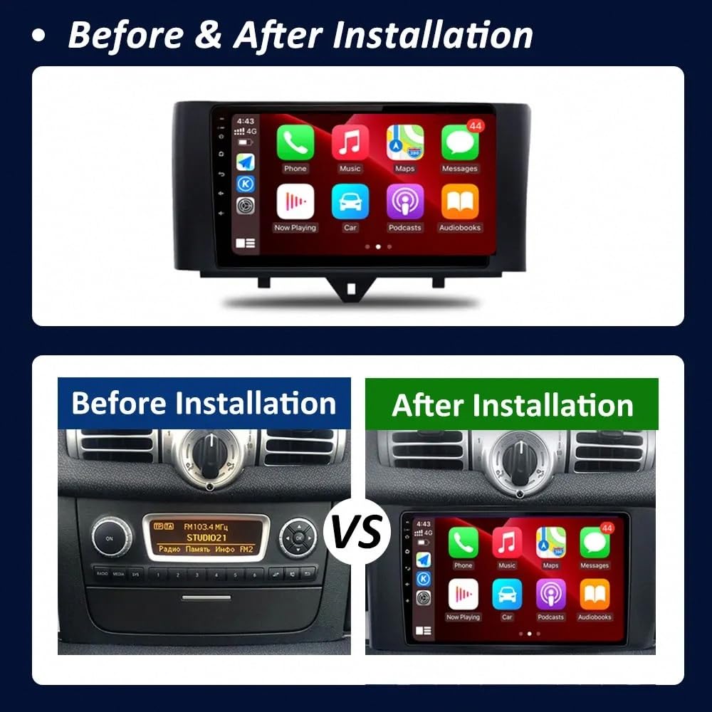 Car Stereo Carplay Radio de Coche para Benz Smart Fortwo 2011-2015 Soporta Bluetooth, Control Volante, USB, WiFi, 4G, Mirror-Link, GPS Navegador/Radio FM, 4 Nuclear 2G+32G