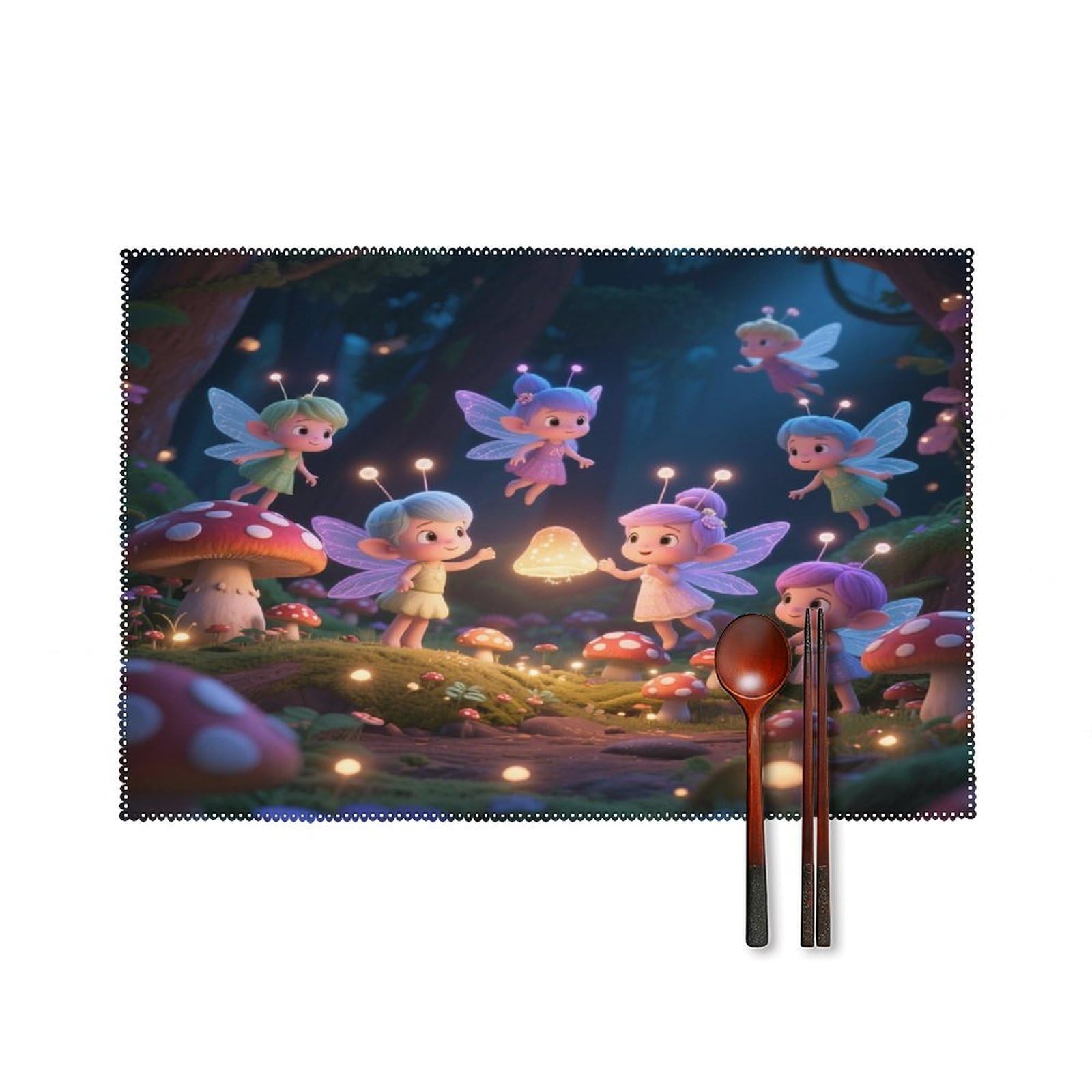 Fairies in Mushroom Forest Placemats Set of 6 17.7 X 11.8 Inch Heat Resistant Canvas Place Mats Outdoor Place Mat Non-Slip Washable Rustic Table Mats for Dining Kitchen Party Placemats
