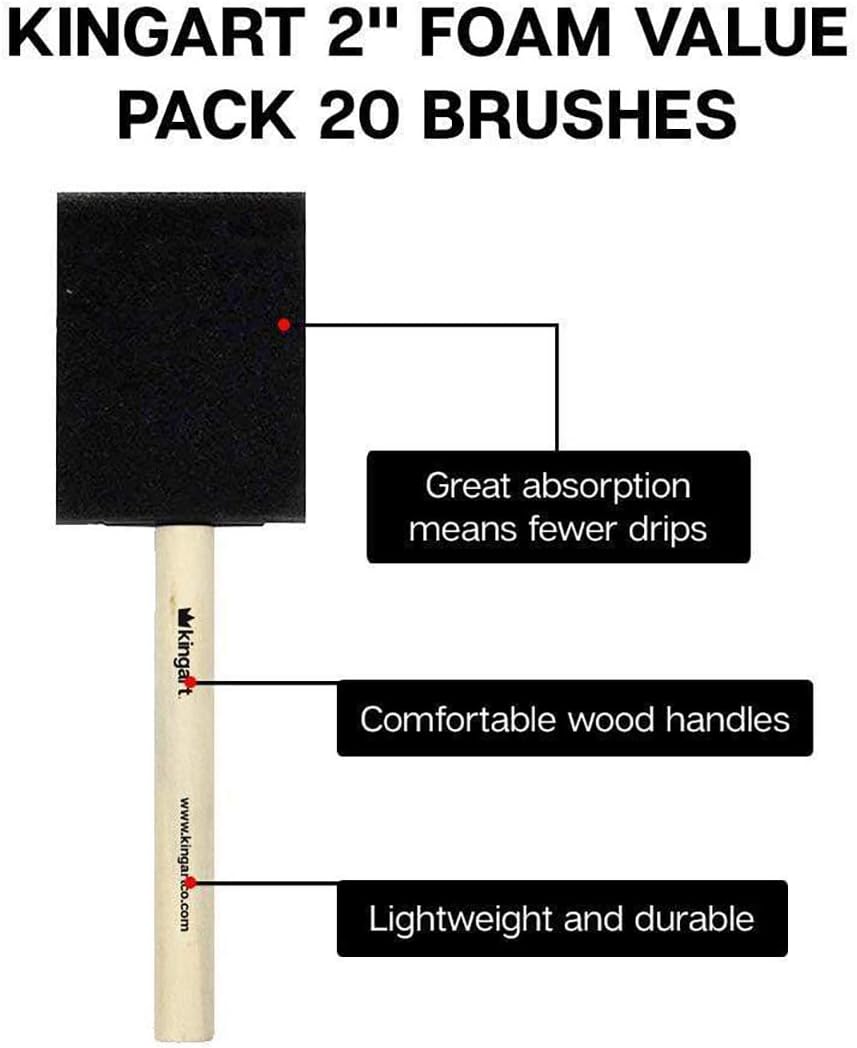 KINGART 242-20 Foam 20 Pc. Value Pack 2" Brush Set, Short Wood Handle, for Oil, Acrylic & Watercolor Paint, Great for Crafts, DIY Home Projects, Hobbies & Group Activities