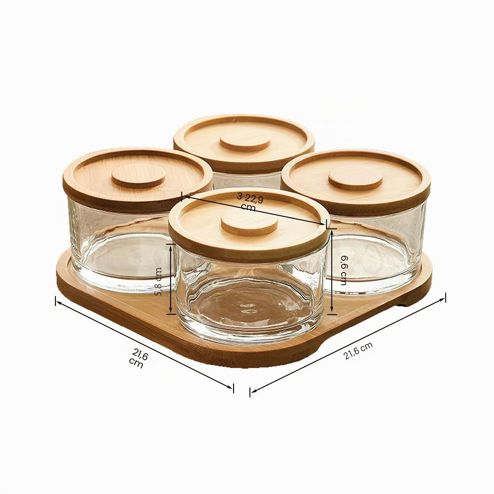 270 ml Chip und Dip Servierset mit Bambustablett, Snack Candy Fruit Nut Servierplatte, kleine Glas Dipping Servierschalen mit Deckel für Gewürze, Beilagen, Dessert, Salsa (4 Fächer)