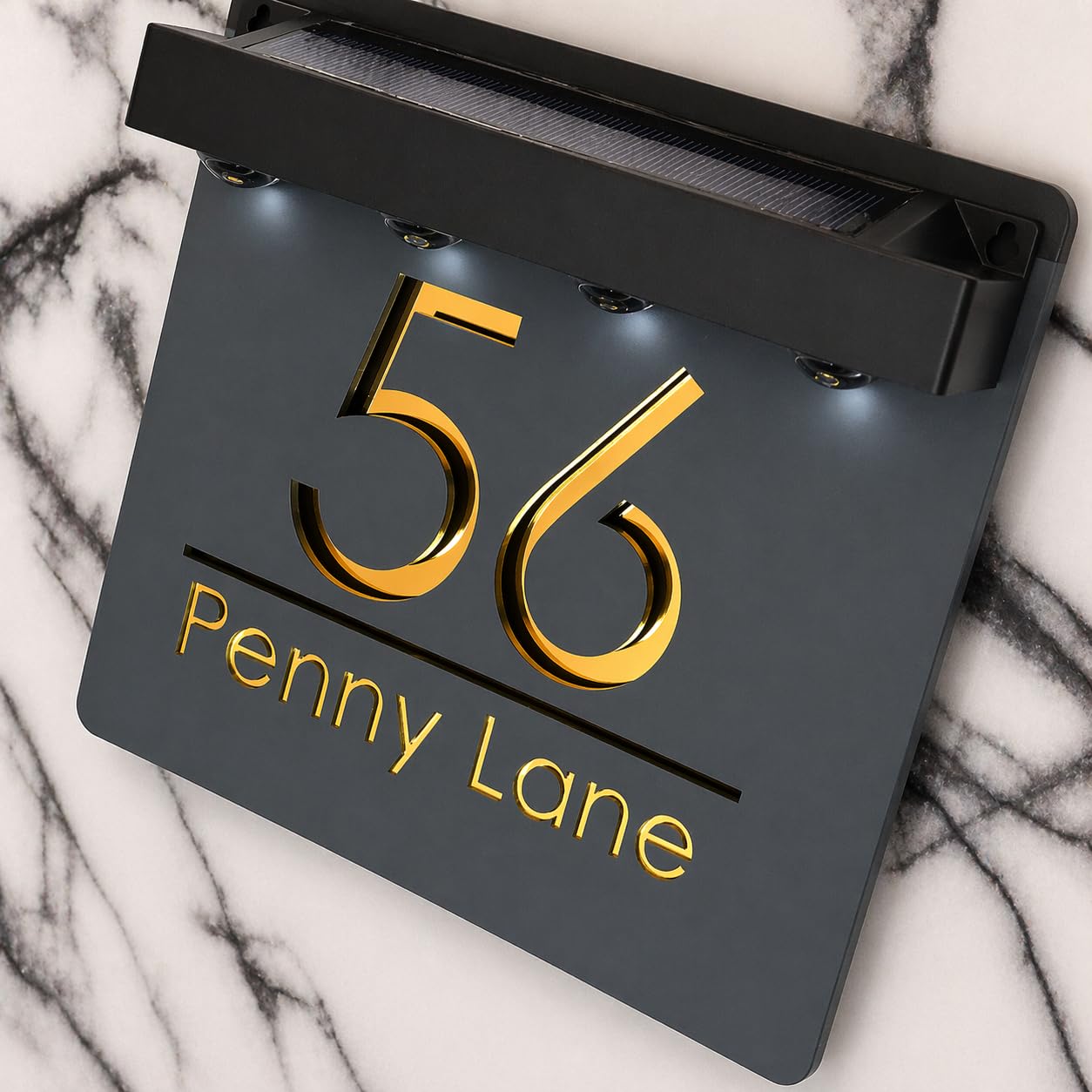 K Smart Sign | Bellissima S1 LED F31 | Square Solar Light House Signs Door Number Plaques With LED Personalised Name Address Sign For Wall (Anthracite & Gold Mirror)