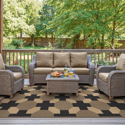 Image of GENIMO Outdoor Rug, Waterproof Plastic Rugs for Patio, 6'x9' Deep Brown | Outside Larger Modern Carpet Mat for Porch Decor, Deck, Balcony, Camping, RV, Backyard, Picnic, Beach, Reversible, Foldable