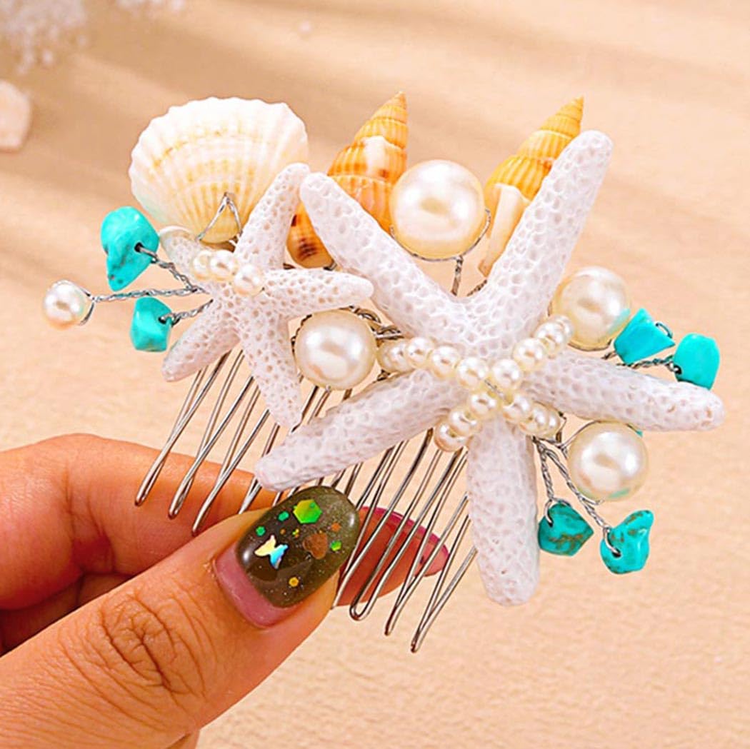 Asooll Starfish Hair Accessories Silver Bridal Hair Comb Pearl Seashell Hair Clip for Women