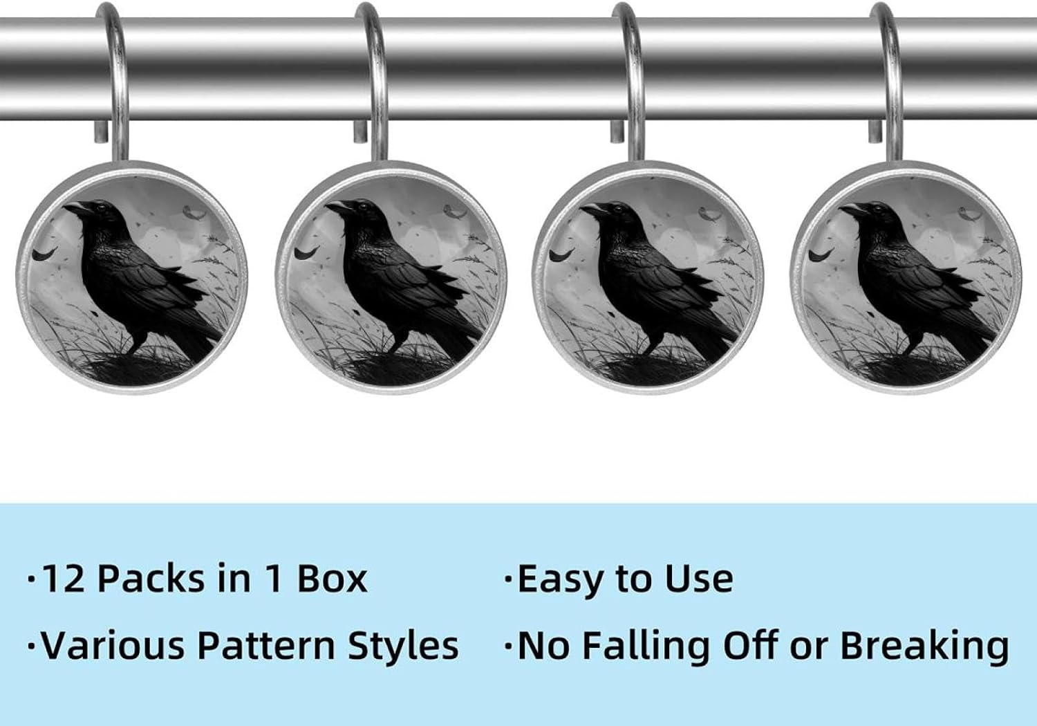Set of 12 Shower Curtain Hooks, Shower Curtain Rings Crystal Glass Decorative Bathroom Hook, Crow (12)