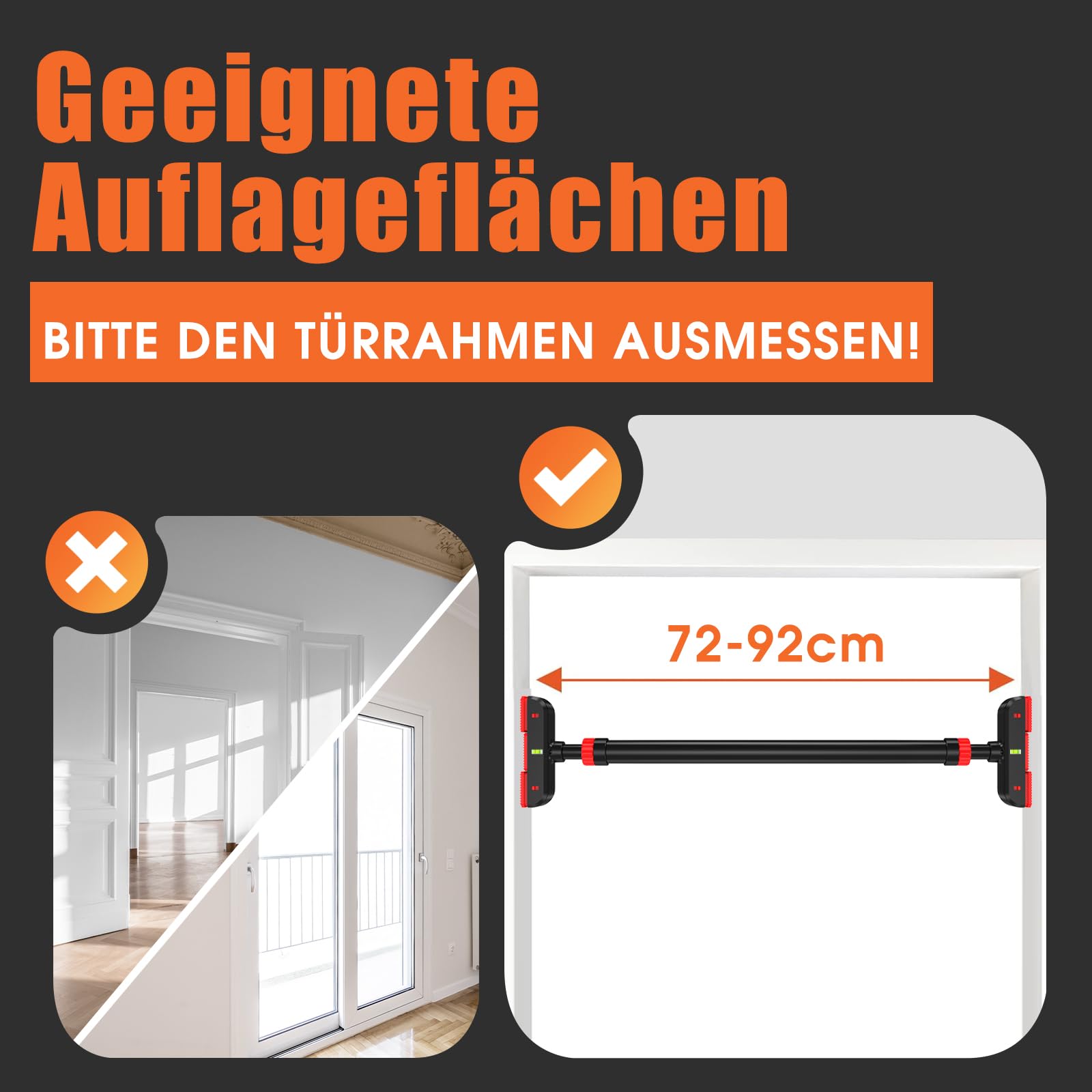 DH FitLife Klimmzugstange für Türrahmen ohne Schrauben | Pull Up Bar Doorway zu Hause | Türstange für Muskeltraining | Dehnstange für Tür 72-92 cm | mit Wasserwaage