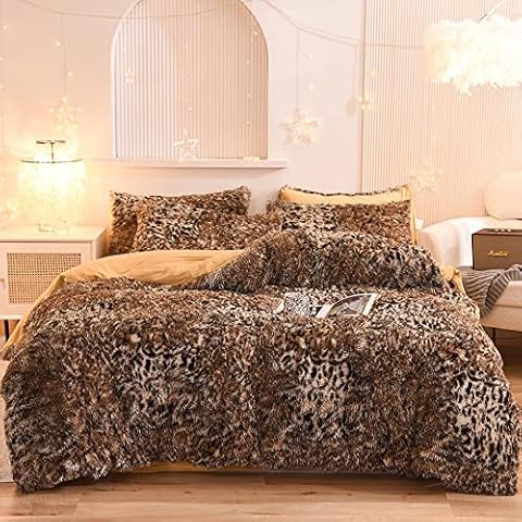 Mengersi Leopard Print Duvet Cover Set Shaggy Fluffy Duvet Cover Set,Luxury Ultra Soft Crystal Velvet Duvet Cover,Faux Fur Quilt Cover with Pillow Shams,Zipper Closure King Size Cover