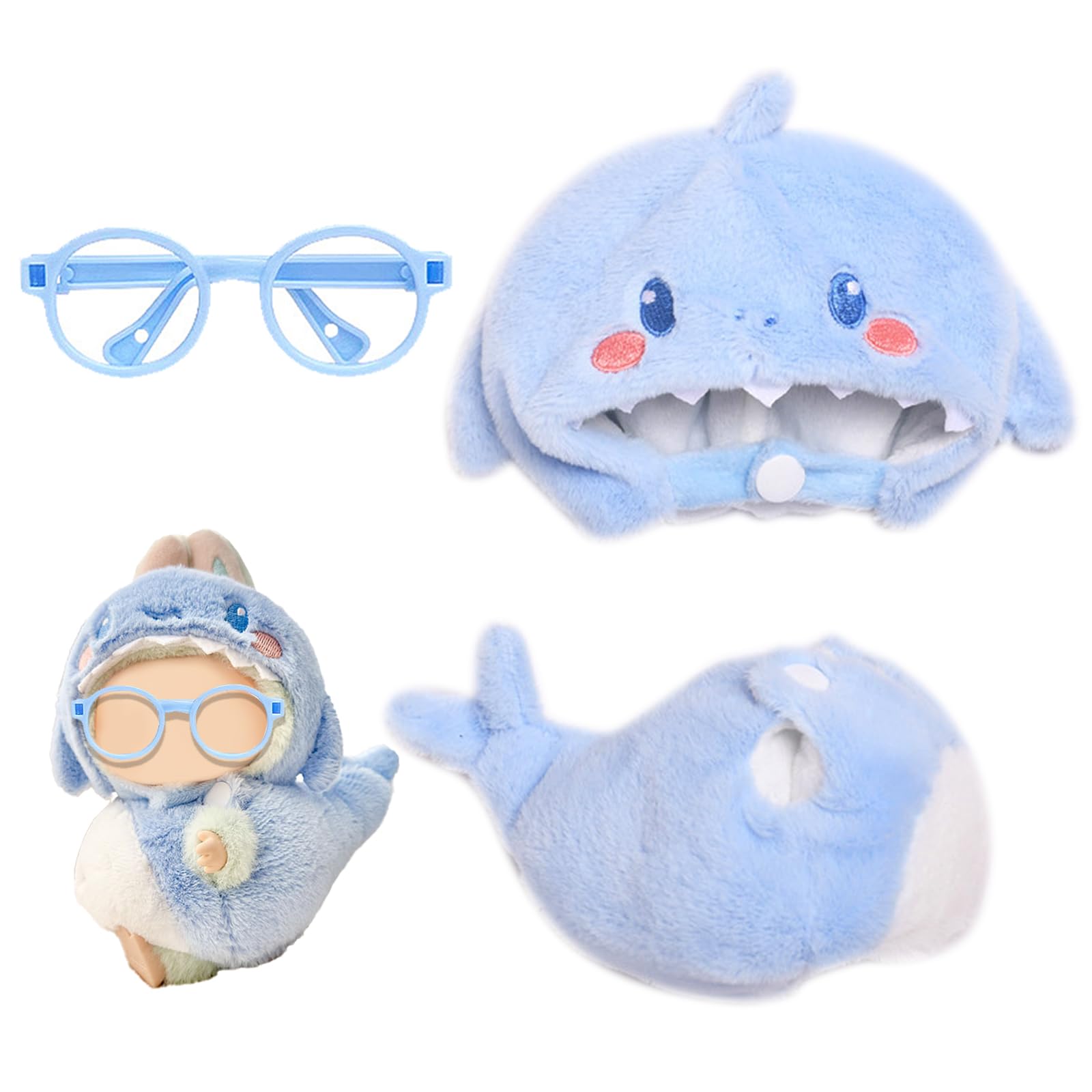 EDLMKM 17cm Doll Clothes Compatible With, Blue Shark Plush Clothes Doll Dress With Blue Glasses - Image 2