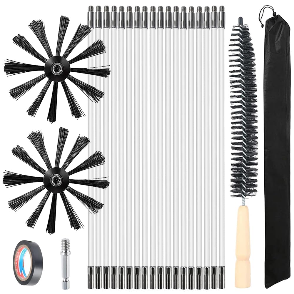 Kit de Cepillo Limpieza Chimenea, Cepillo para Limpiar Chimeneas con 18 Varillas Flexibles, 2 Cabeza de Cepilloy de Ø200mm, 1 Cepillo de Madera para Tuberías de Caldera, Tubos de Ventilación