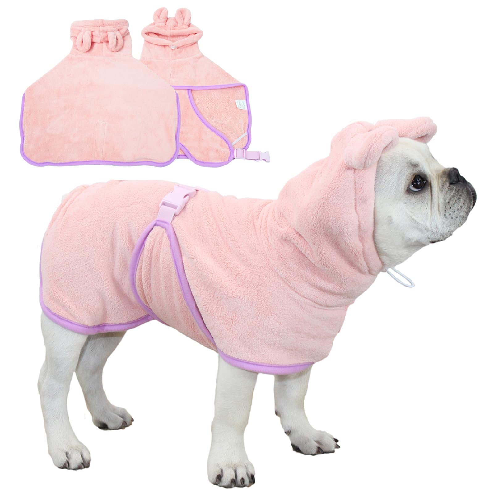 Fnaobai Pet Bathrobe for Dog Cat Absorbently Quick Drying Coat Cute Dogs Bath Towel Hooded Robe Adjustable Collar & Belly Strap for Pool Beach (Pink,