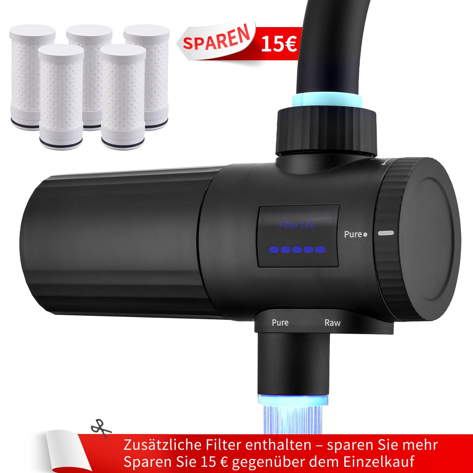 HOMELODY Grifo de filtro de agua 3.0 con indicador LED, 5 filtros incluidos y filtro de agua potable para cocina, elimina cloro, metales pesados y cal, mejora el sabor, 12 adaptadores