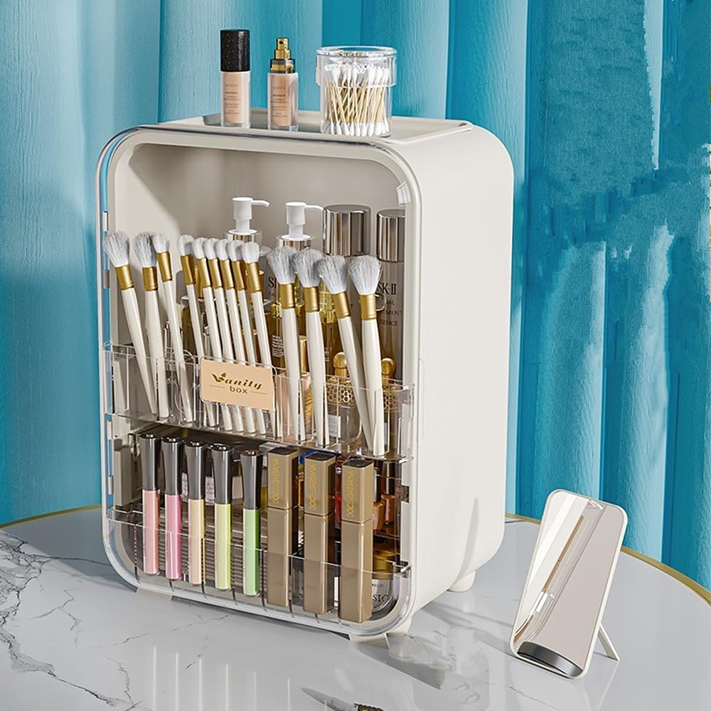 HAWAII Large Makeup Organizer with Mirror, Cosmetic Storage Display Case for Bedroom, Countertop and Vanity Dresser,Skincare Organizer Box for Brushes and Lipsticks,Dust Water Proof(White)