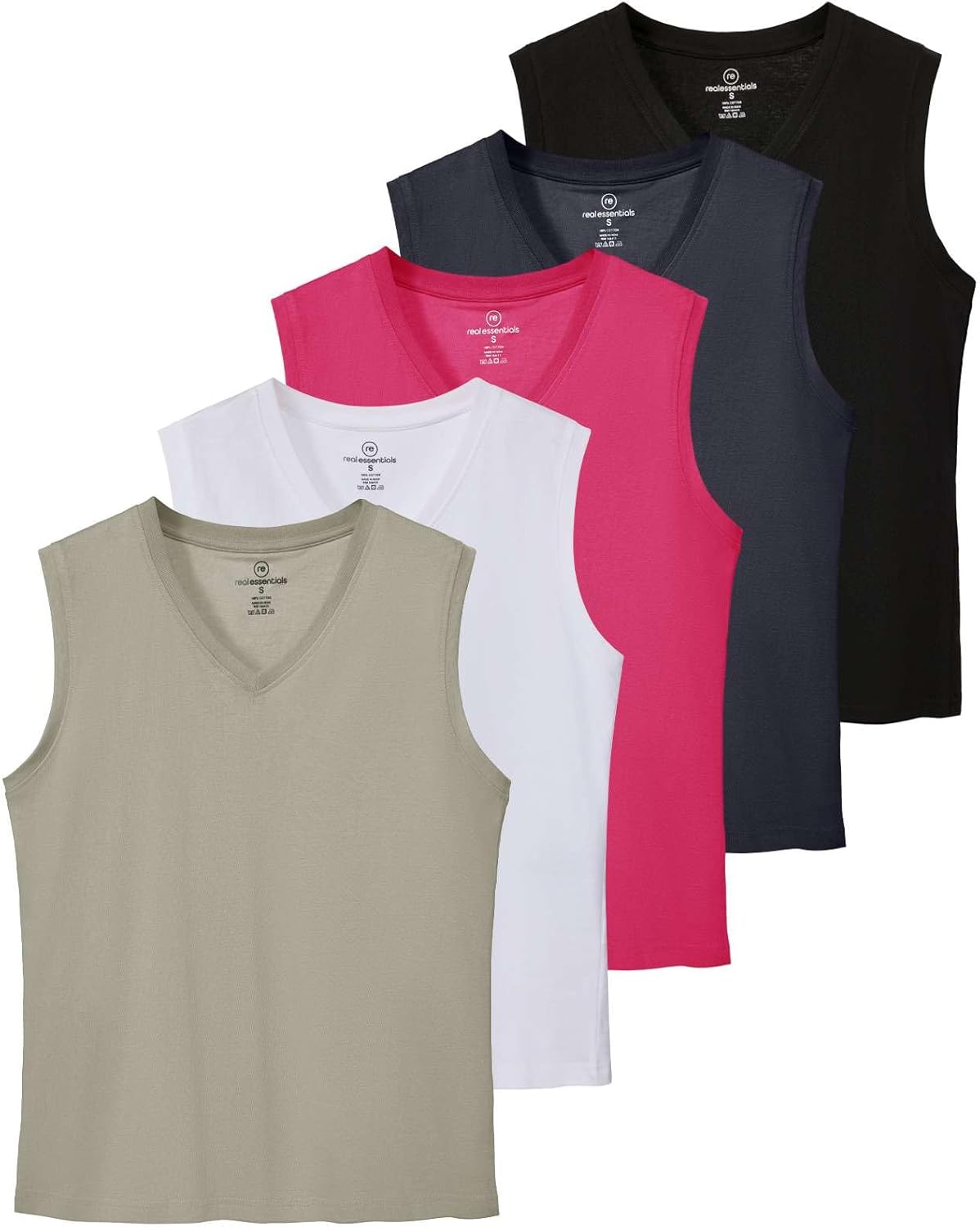 Real Essentials 5 Pack: Women's 100% Cotton V-Neck Sleeveless Tank Top Basic Ladies Casual Shirts (Available in Plus Size)