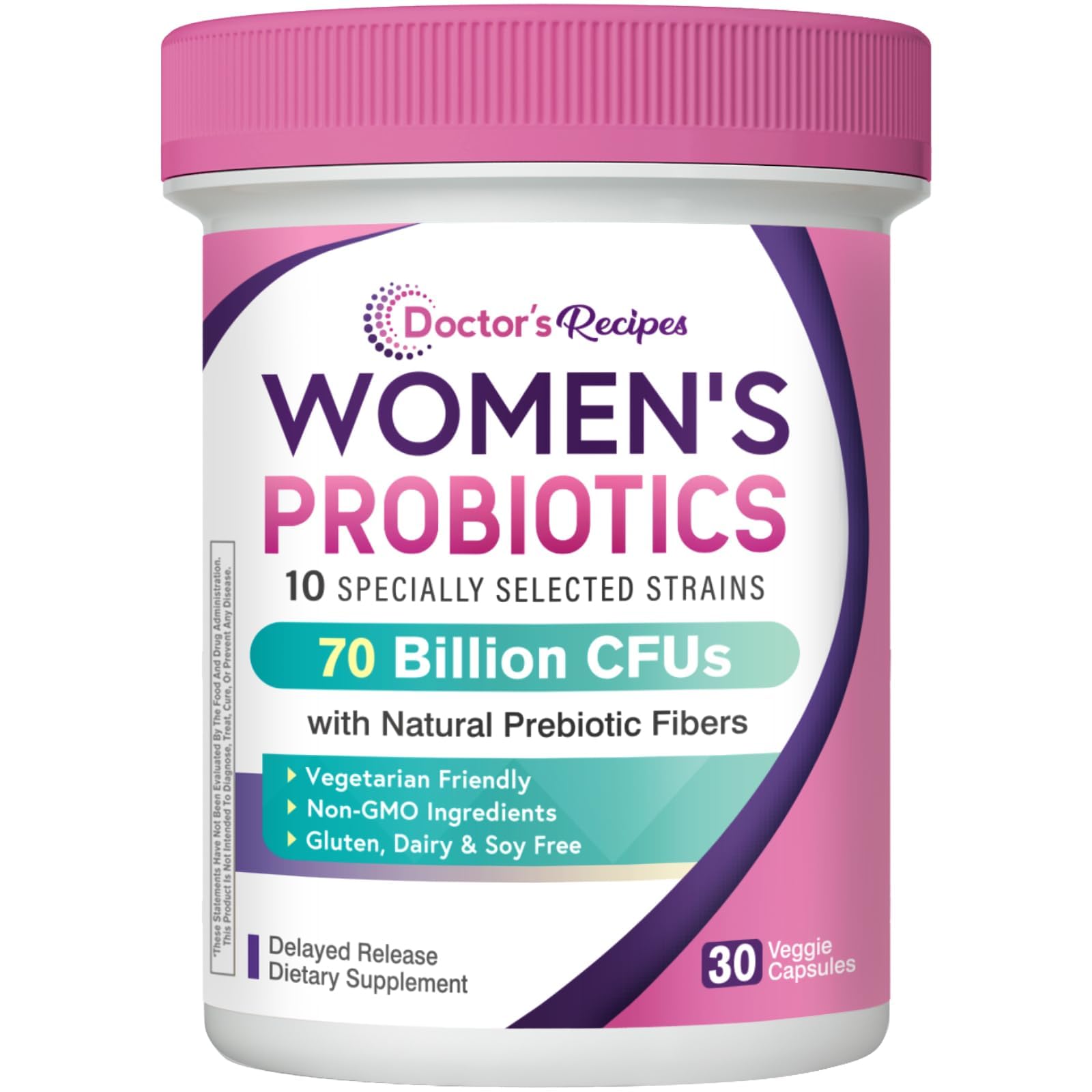 Doctor's Recipes Probiotics for Women, Organic Prebiotics and Probiotics, 70 Billion CFU, 10 Strains, Shelf Stable, 30 Capsules