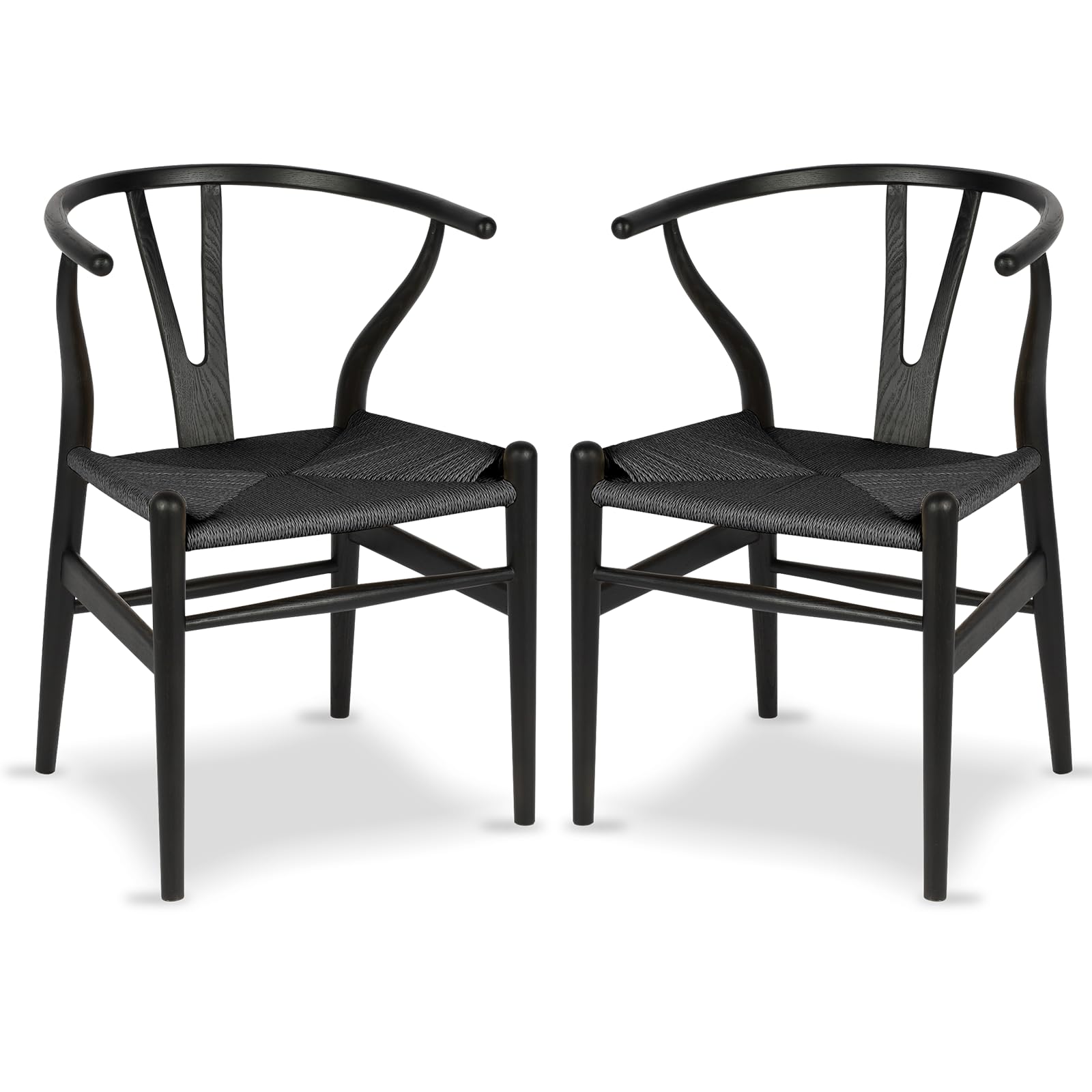 Tomile CH24 Wishbone Chairs Set of 2, Black Mid-Century Modern Dining Chair with Arms, Solid Ash Wood Frame and Woven Seat, Hans Wegner Y-Back Design for Dining Room or Kitchen (Ash Wood - Black)