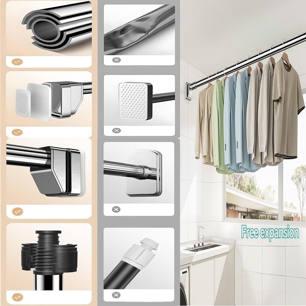 Barra telescópica de tensión de 33 mm, acero inoxidable, no daña, expandible, 40-500 cm, divisor de ducha con bandeja para tarjetas, color plateado, se adapta a espacios de 210-300 cm