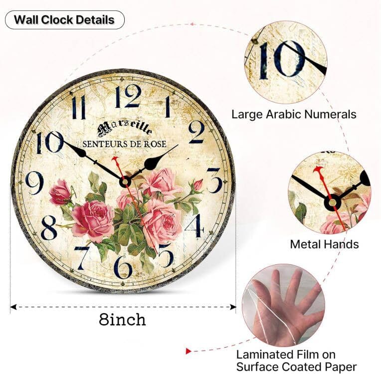 Image of 8 inch Pink Rose Vintage French Decorative Wall Clock Silent Kitchen Decor | Non-Ticking Quartz Movement Round Battery Operated Floral Clock For Living Room,Kitchen,Office