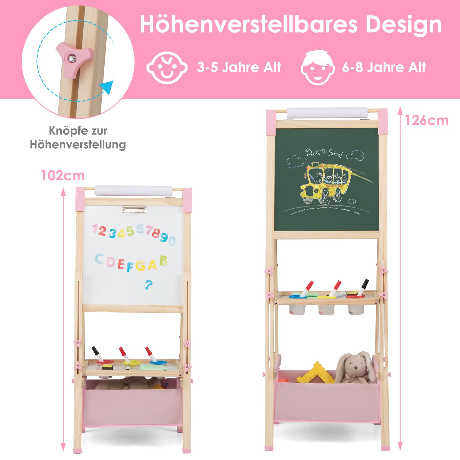 COSTWAY 3 in 1 Staffelei Kinder, doppelseitige Kindertafel höhenverstellbar mit Whiteboard & Kreidetafel, Standtafel inkl. Papierrolle, Zahlen, Kreiden & Farbstift, für Kinder ab 3 Jahren (Rosa)
