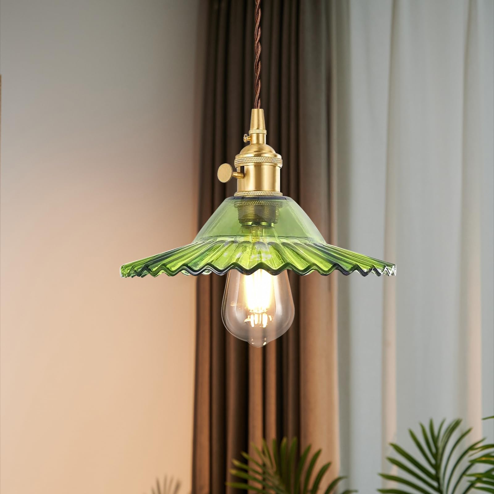 Mikeru Vintage Industrial Style Glass Pendant Light, Brass Pendant Light, Height Adjustable, for Dining Room Living Room