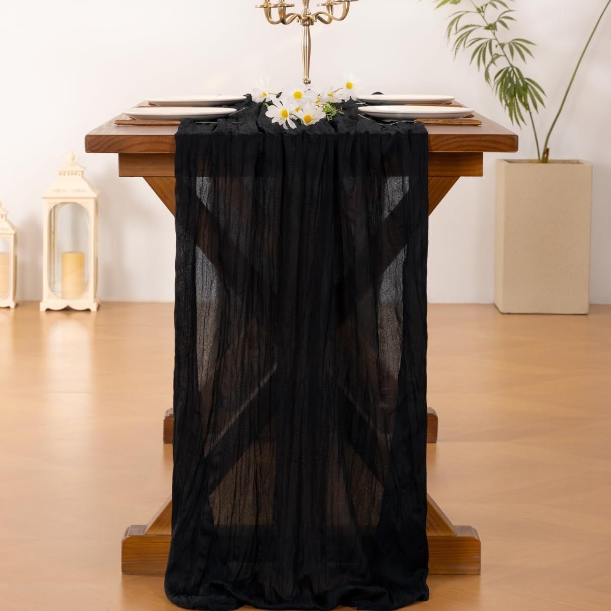 Chemin de table mariage noir lot de 6 nappe mousseline pour banquet communion