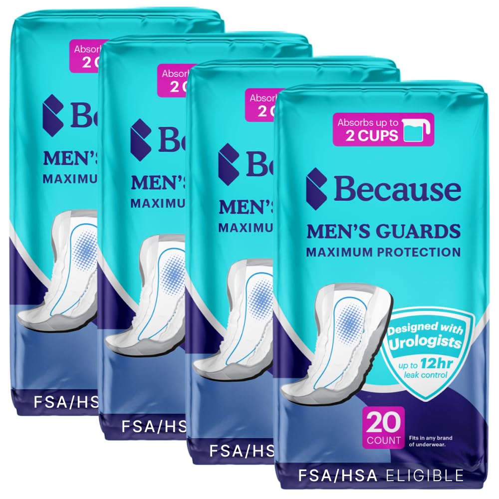 Because Premium Guards for Men - 80 Count Pack of Discreet, Individually Wrapped Bladder Protectors - Complete Absorbency, Fast-Locking, Odor Control