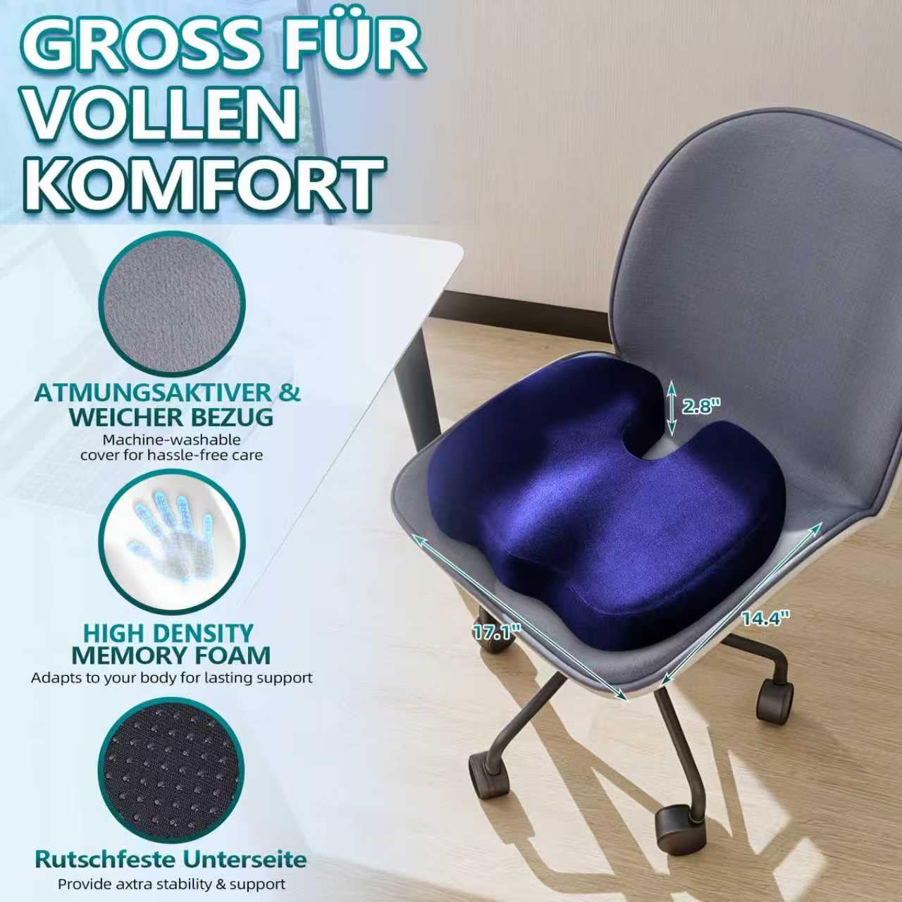 Cojín ortopédico de espuma viscoelástica – Cojín ergonómico para silla de oficina y coche para aliviar la presión y comodidad al sentarse durante mucho tiempo, antideslizante y funda