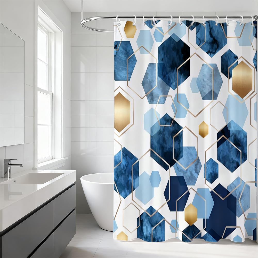 Indigo Gold Geometric Honeycomb Shower Curtain Water-Resistant Polyester Bath Curtain 72x72 Inches Light Luxury Ink-Texture Bathroom Décor Curtain image 3