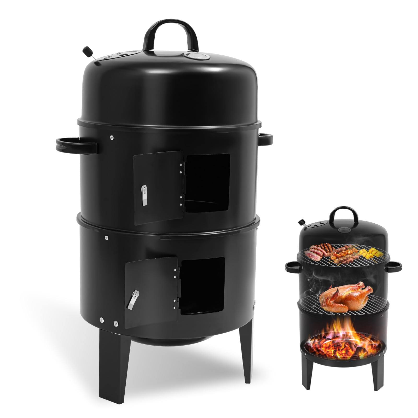 Piec wędzarniczy 3 w 1, pojemnik na węgiel drzewny, grill z pokrywką, termometrem i rusztem do grilla, regulowanymi otworami wentylacyjnymi, grill na węgiel drzewny TkkMivcOC do grillowania, wędzenia