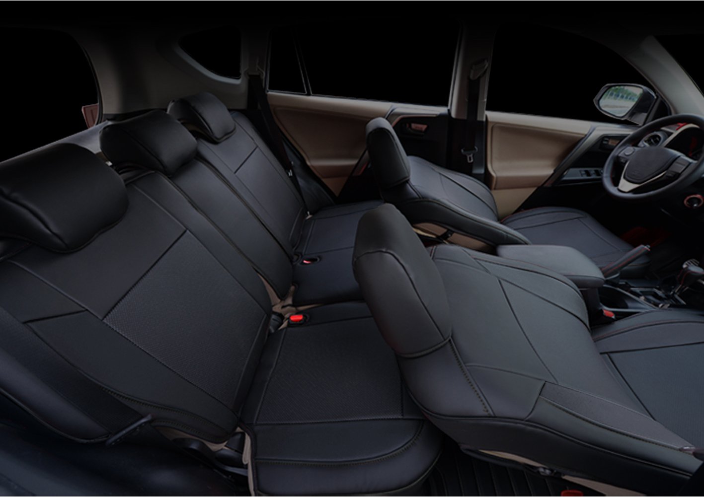 BEHAVE rzd3192r Car seat Covers Custom Fit Seat Covers Fit for Toyota RAV4 Hybrid 2016 2017 2018, Black Leather Auto Seat Covers for SUV Full Set 4pcs Saddle Cover,4pcs Back Cover,5pcs Headrest Cover