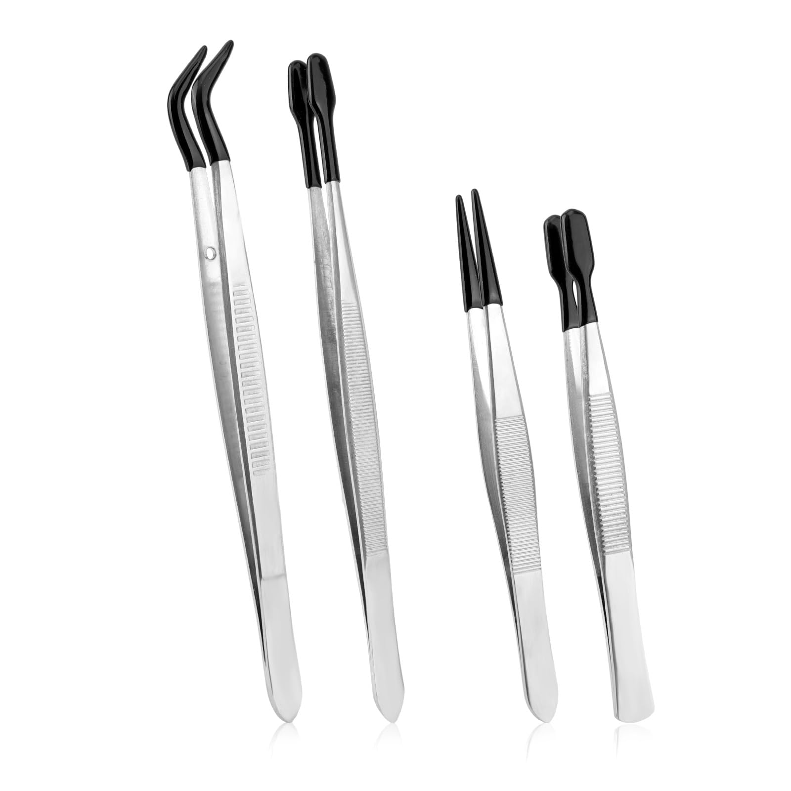 4pcs Rubber Tip Tweezers Set, Stainless Steel Precision Craft Tweezers Anti-Static Rubber Fine Flat & Bent Tip Tweezer for Crafts Jewelry Making Electronics Model Laboratory Work Lashes