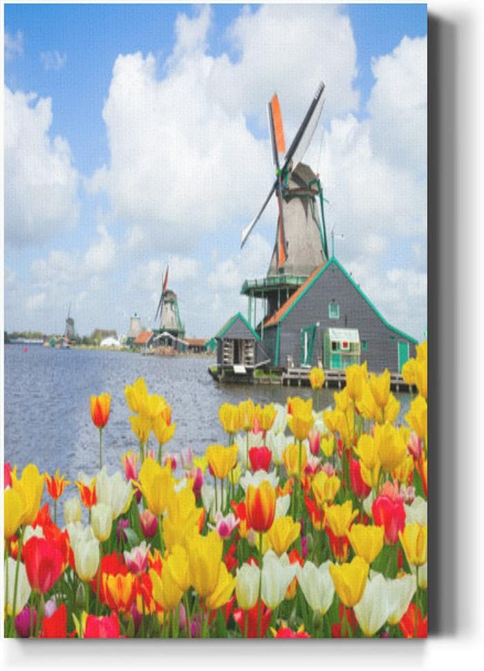 Large Wall Art Decor dutch windmill over tulips field Vertical Pictures Framed Canvas Wall Art for Living Room Bedroom Bathroom Artwork Paintings Kitchen 36x24