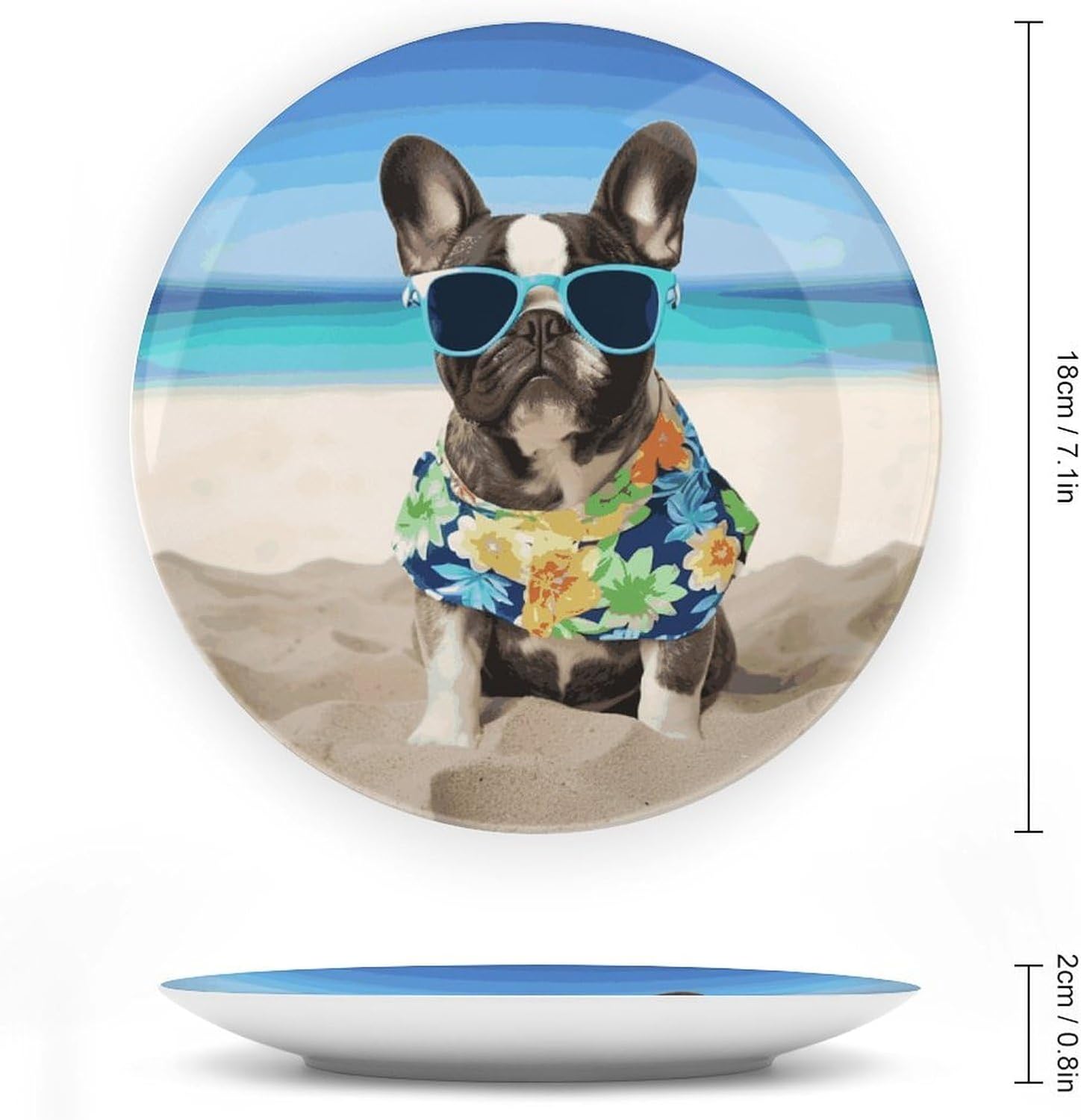 French Bulldog Summer Ceramic Plate 10inch Decorative Bone China Wall Hanging Ornament Plates Bohemian Style Dinner Plate with Display Stand Cabinet Display Plates for Home Art Decor