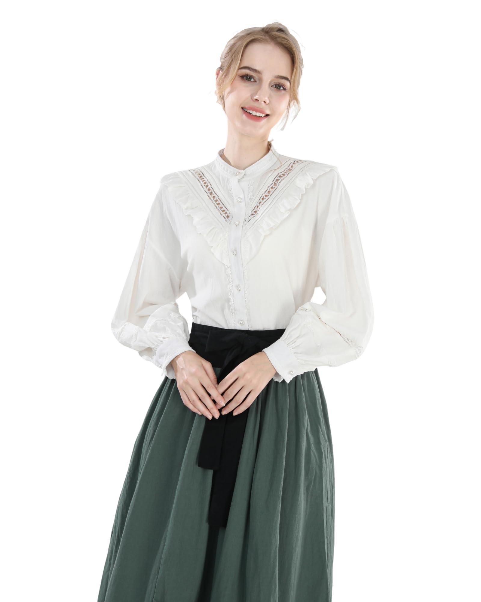 Fiamll Chemisier victorien pour femme - Chemisier médiéval à manches longues vintage - Chemisier blanc en coton