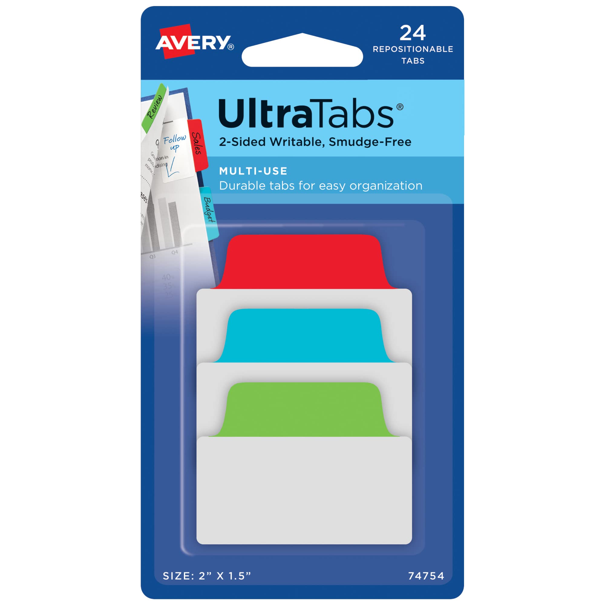 Avery Multiuse Ultra Tabs, 2" x 1.5", 2-Side Writable, Red/Blue/Green, 24 Repositionable Tabs (74754)