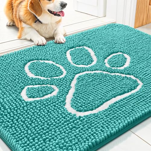 Image of Smiry Dog Door Mat for Muddy Paws, Absorbent Dirt Trapper Non Slip Quick Dry Washable Chenille Mat for Mud Dogs, Entry Rug for Indoor and Outdoor (30x20 Inches, Turquoise and White)